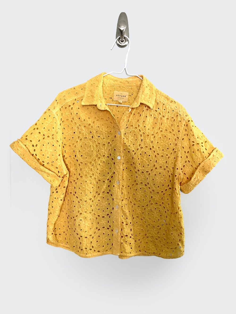 Sézane Laurineta Shirt Size 34 Mustard Yellow Eyelet Embroidered Blouse XS
